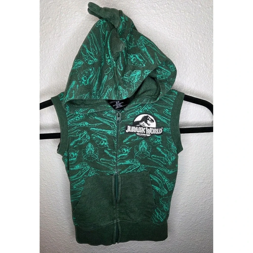 Jurassic World Toddler Hoodie Vest 3T Green Dinosaur Print Zip Up‎
